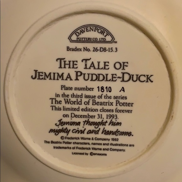PLATE # 3 Davenport Pottery The Tale Of Jemima Puddle Duck Limited Raised Plate - Picture 4 of 8